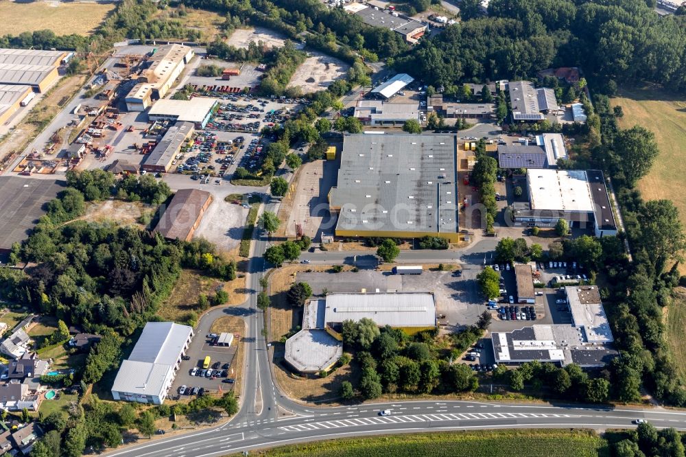 Ahlen from above - Building of the store - furniture market POCO Einrichtungsgesellschaft Ahlen mbH on Kruppstrasse in Ahlen in the state North Rhine-Westphalia, Germany