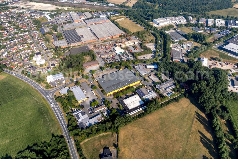 Ahlen from above - Building of the store - furniture market POCO Einrichtungsgesellschaft Ahlen mbH on Kruppstrasse in Ahlen in the state North Rhine-Westphalia, Germany