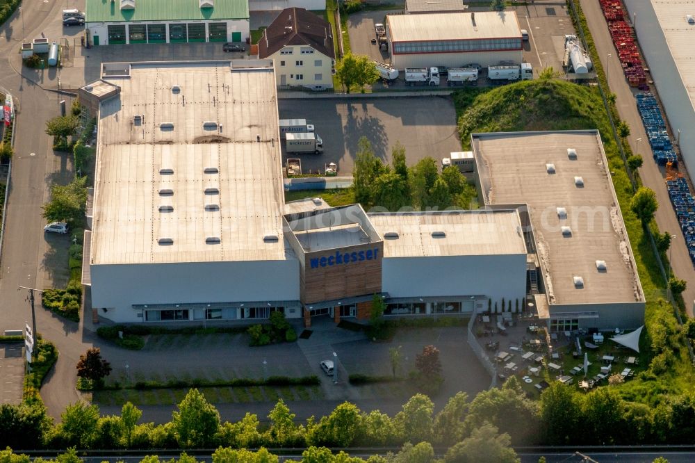 Wiesloch from above - Building of the store - furniture market of Weckesser Wohnen GmbH in Wiesloch in the state Baden-Wurttemberg, Germany