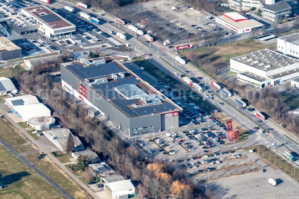 Freiburg im Breisgau from the bird's eye view: Building of the store - furniture market xxxlutz in Freiburg im Breisgau in the state Baden-Wurttemberg, Germany