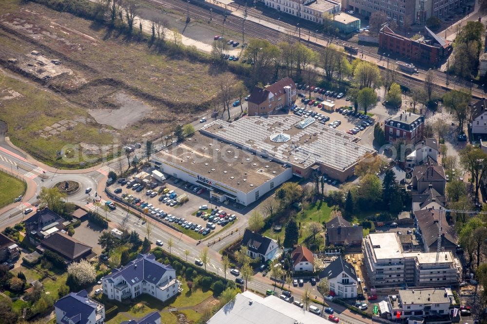 Unna from the bird's eye view: Building of the furniture store of tedox KG in Unna in the federal state of North Rhine-Westphalia, Germany