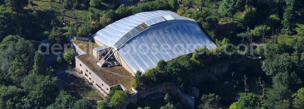 Leipzig from above - Gebäude der einzigartigen Menschenaffenanlage Pongoland im Zoo Leipzig. Building the ape enclosure at the zoo in Leipzig.