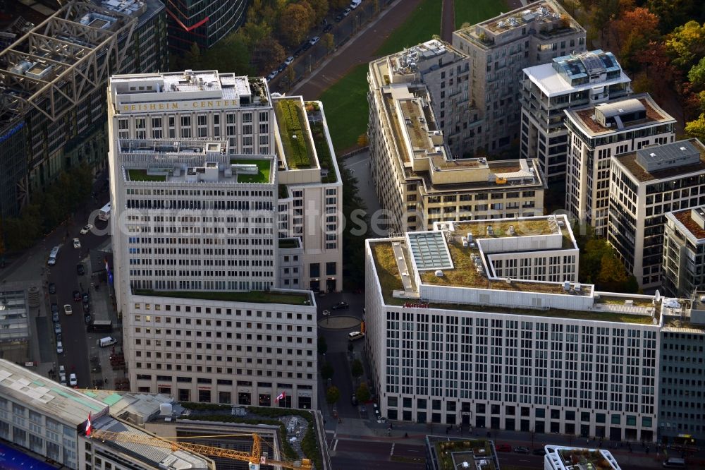 Aerial image Berlin - View of the building ensemble Beisheim Center at Potsdamer Platz with residential, commercial, retail and office space. The Beisheim Center is the location for the luxury hotels Marriot and The Ritz Carlton