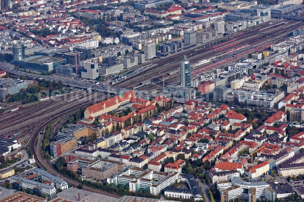 München from above - City view of the city area around Donnersbergerbruecke in Munich in the state Bavaria, Germany