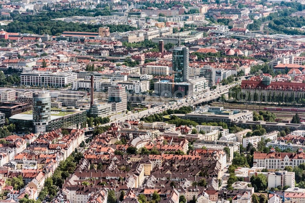 München from the bird's eye view: City view of the city area around Donnersbergerbruecke in Munich in the state Bavaria, Germany