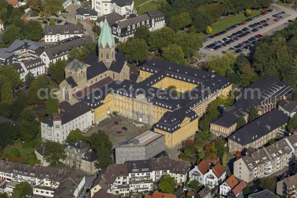 Essen from above - Folkwang University and Abbey Church of the Basilica of St. Ludger in Essen in North Rhine-Westphalia NRW