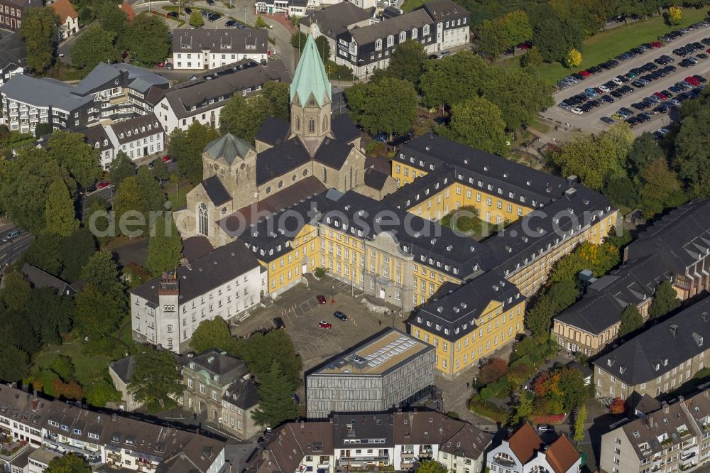 Essen from the bird's eye view: Folkwang University and Abbey Church of the Basilica of St. Ludger in Essen in North Rhine-Westphalia NRW