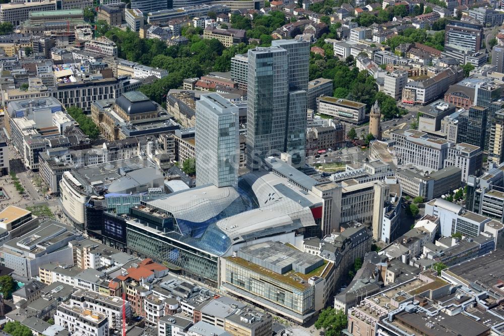 Frankfurt am Main from above - View of the Palais Quartier in Frankfurt am Main in Hesse. It is a building complex, which includes next to the shopping center MyZeil and the Jumeirah Frankfurt hotel also the office tower Nextower, which is desingned of KSP Engel and Zimmermann