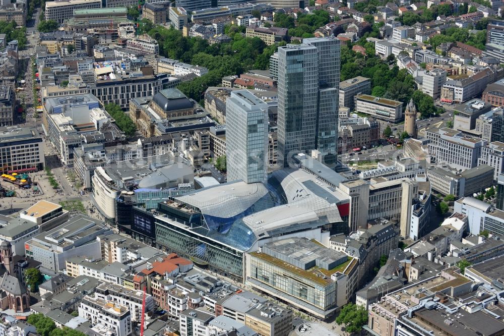 Aerial image Frankfurt am Main - View of the Palais Quartier in Frankfurt am Main in Hesse. It is a building complex, which includes next to the shopping center MyZeil and the Jumeirah Frankfurt hotel also the office tower Nextower, which is desingned of KSP Engel and Zimmermann