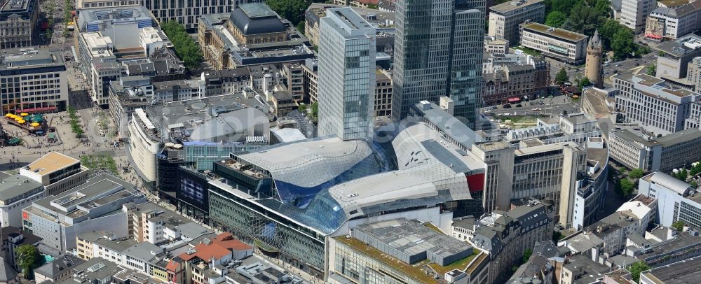 Aerial photograph Frankfurt am Main - View of the Palais Quartier in Frankfurt am Main in Hesse. It is a building complex, which includes next to the shopping center MyZeil and the Jumeirah Frankfurt hotel also the office tower Nextower, which is desingned of KSP Engel and Zimmermann