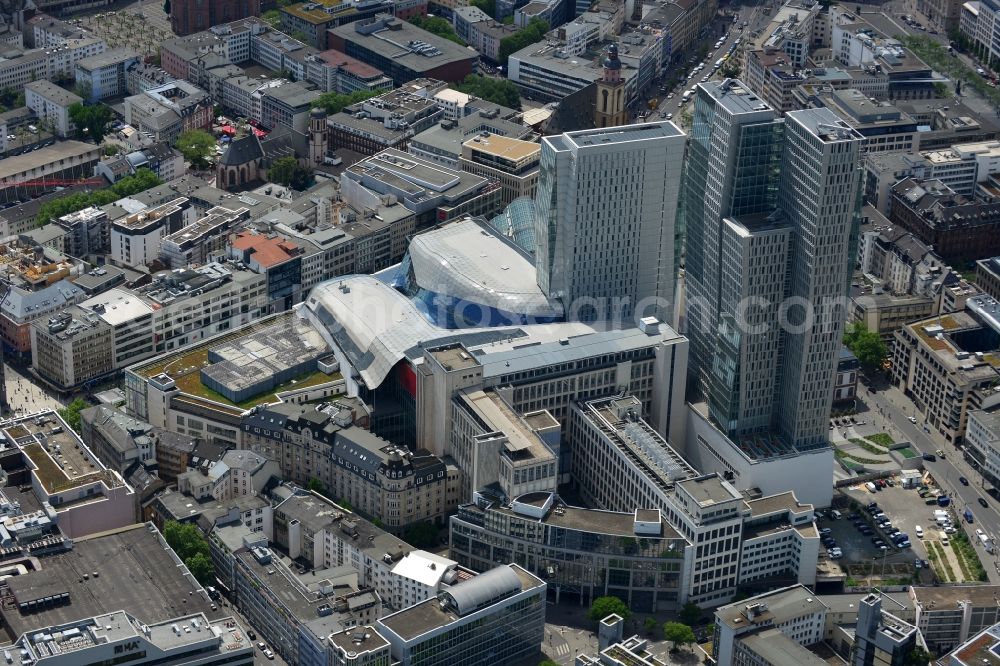 Frankfurt am Main from above - View of the Palais Quartier in Frankfurt am Main in Hesse. It is a building complex, which includes next to the shopping center MyZeil and the Jumeirah Frankfurt hotel also the office tower Nextower, which is desingned of KSP Engel and Zimmermann