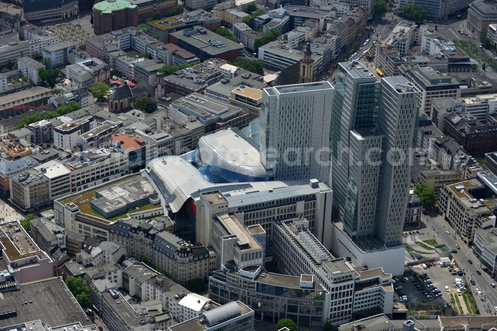 Frankfurt am Main from the bird's eye view: View of the Palais Quartier in Frankfurt am Main in Hesse. It is a building complex, which includes next to the shopping center MyZeil and the Jumeirah Frankfurt hotel also the office tower Nextower, which is desingned of KSP Engel and Zimmermann