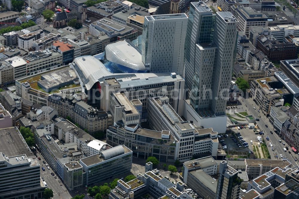 Aerial image Frankfurt am Main - View of the Palais Quartier in Frankfurt am Main in Hesse. It is a building complex, which includes next to the shopping center MyZeil and the Jumeirah Frankfurt hotel also the office tower Nextower, which is desingned of KSP Engel and Zimmermann