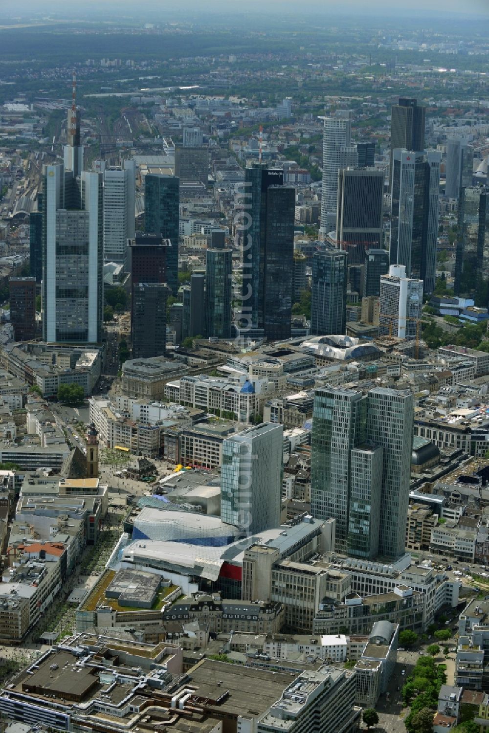 Frankfurt am Main from above - View of the Palais Quartier in Frankfurt am Main in Hesse. It is a building complex, which includes next to the shopping center MyZeil and the Jumeirah Frankfurt hotel also the office tower Nextower, which is desingned of KSP Engel and Zimmermann