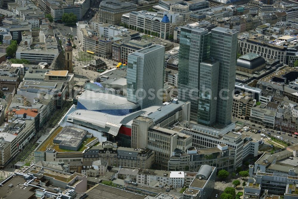 Frankfurt am Main from the bird's eye view: View of the Palais Quartier in Frankfurt am Main in Hesse. It is a building complex, which includes next to the shopping center MyZeil and the Jumeirah Frankfurt hotel also the office tower Nextower, which is desingned of KSP Engel and Zimmermann