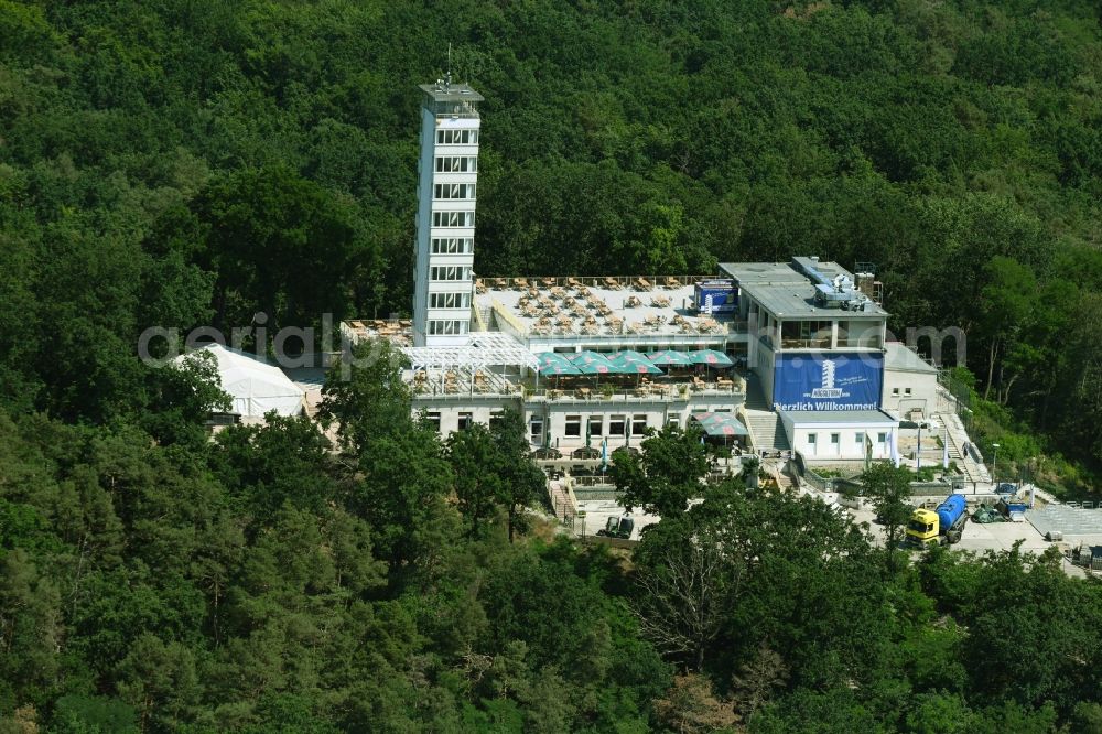 Aerial photograph Berlin - Site of the tower- building ensemble of Mueggelturm in the forest Mueggelbergen Koepenick in Berlin