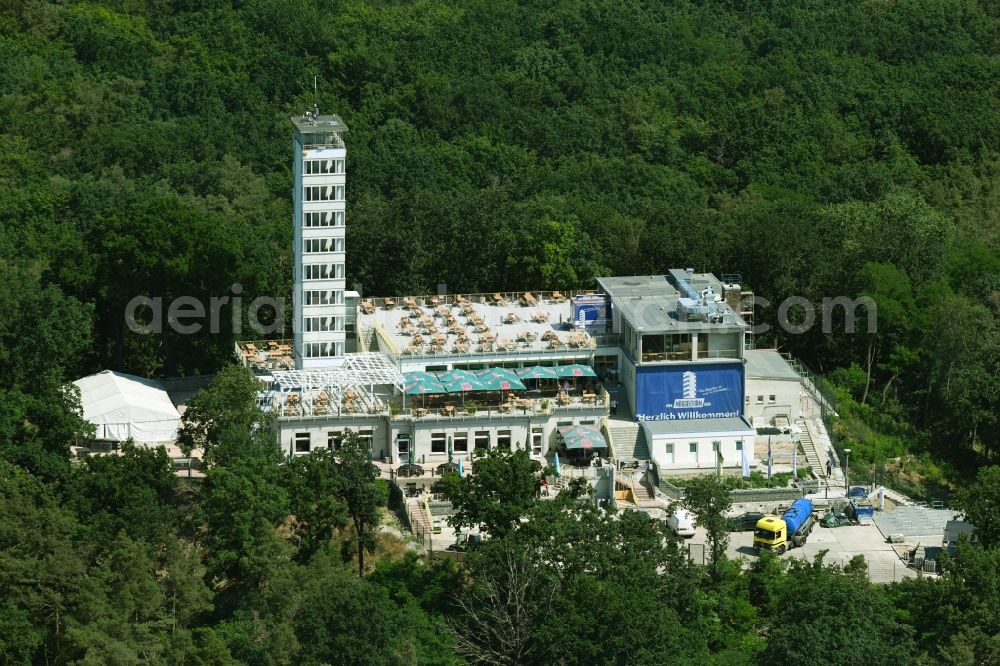 Berlin from the bird's eye view: Site of the tower- building ensemble of Mueggelturm in the forest Mueggelbergen Koepenick in Berlin