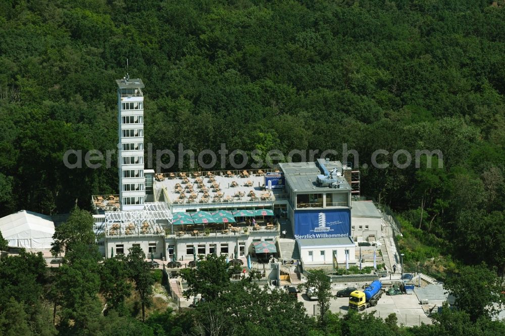 Aerial image Berlin - Site of the tower- building ensemble of Mueggelturm in the forest Mueggelbergen Koepenick in Berlin