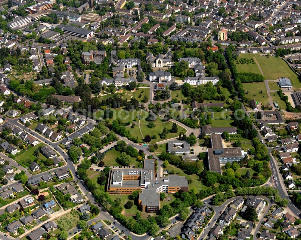 Aerial image Andernach - Buildings along Aktienstrasse and Kastanienallee in downtown Andernach in the state of Rhineland-Palatinate. The town is located in the county district of Mayen-Koblenz on the left riverbank of the river Rhine. The town is characterised by industry, consists of five boroughs and districts and belongs to the oldest towns in Germany. The residential and historic buildings are surrounded by parks and green spaces