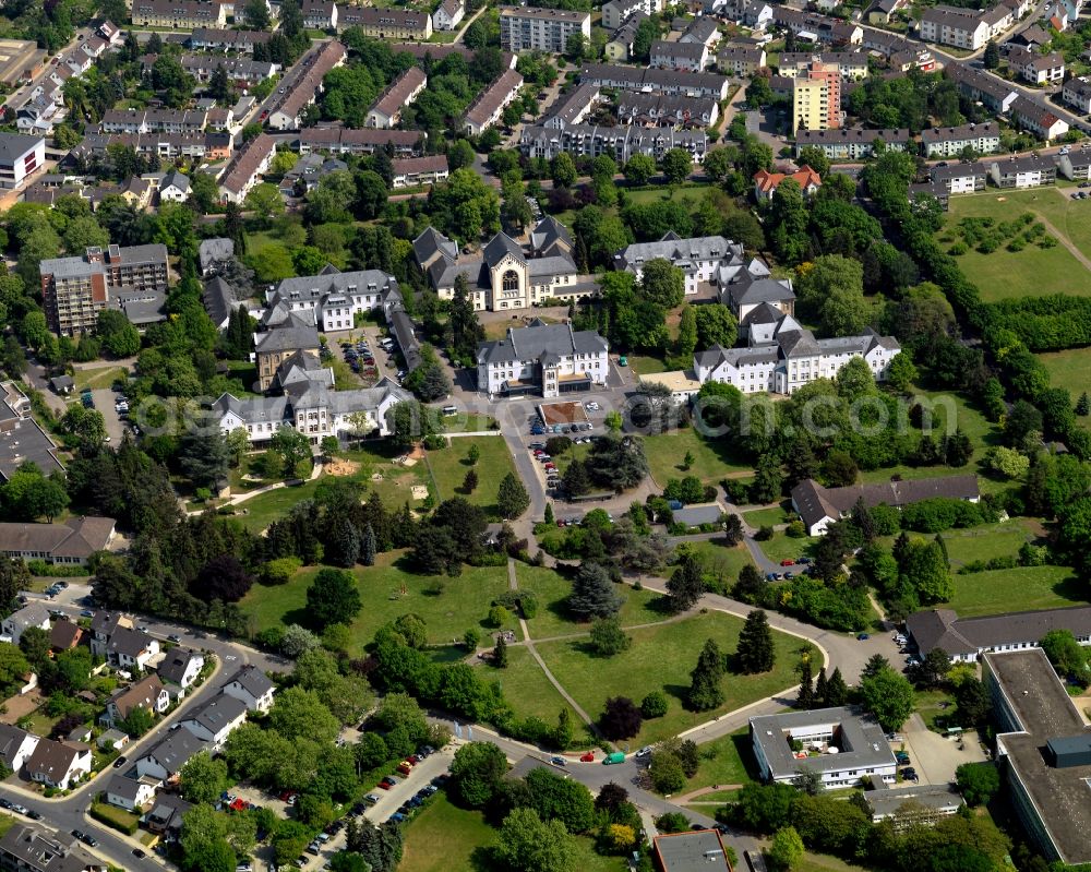 Aerial photograph Andernach - Buildings along Aktienstrasse and Kastanienallee in downtown Andernach in the state of Rhineland-Palatinate. The town is located in the county district of Mayen-Koblenz on the left riverbank of the river Rhine. The town is characterised by industry, consists of five boroughs and districts and belongs to the oldest towns in Germany. The residential and historic buildings are surrounded by parks and green spaces