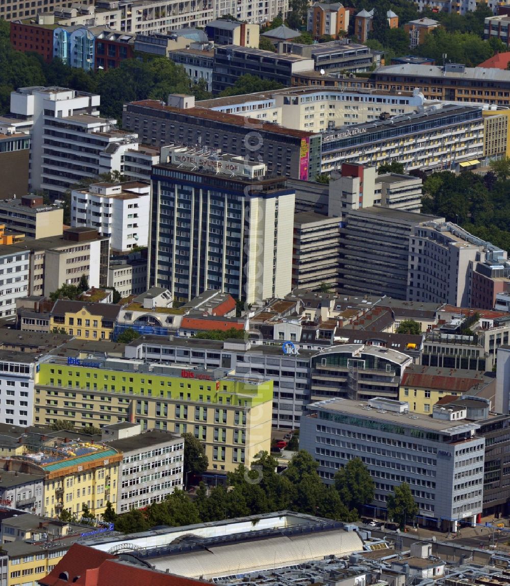 Aerial photograph Berlin - In the foreground you can see the newly build IBIS-Hotel as well as the GEMA-Haus on the Bayreuther Strasse, behind that the hotel Sylter Hof and the building complex Hotel Berlin on the street Kurfuerstenstrasse, in the districts Schoenefeld and Tiergarten