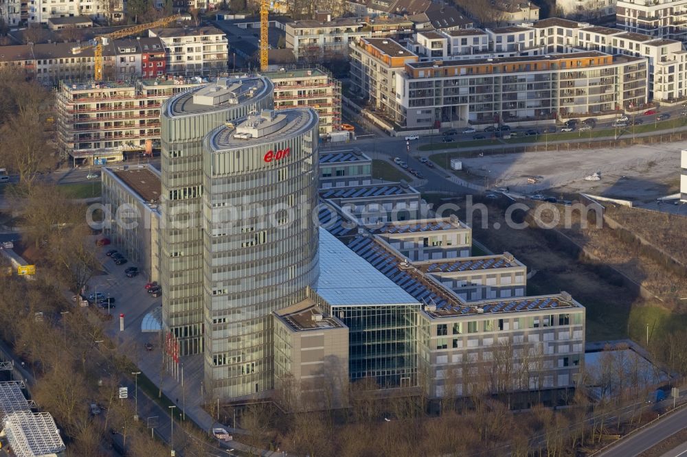 Aerial photograph Essen - View of the building of E.ON Ruhrgas AG, Essen. The administrative headquarter of the company consists of two adjoining buildings from 63 metres tall office towers. It was created by the architect office PLAN FORWARD GmbH and built from 2008 to 2010