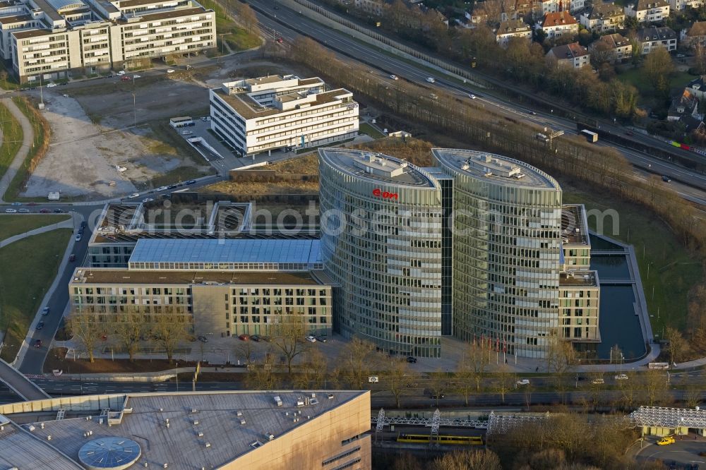 Essen from above - View of the building of E.ON Ruhrgas AG, Essen. The administrative headquarter of the company consists of two adjoining buildings from 63 metres tall office towers. It was created by the architect office PLAN FORWARD GmbH and built from 2008 to 2010