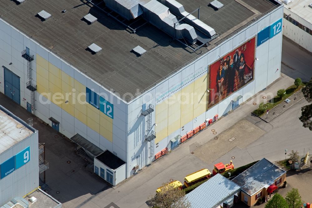 Aerial image Grünwald - Building of the film production company Bavaria Filmstadt - Studio 12 - in the district Geiselgasteig in Gruenwald in the state Bavaria, Germany