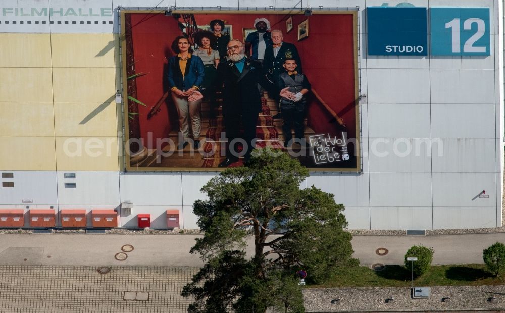 Aerial image Grünwald - Building of the film production company Bavaria Filmstadt - Studio 12 - in the district Geiselgasteig in Gruenwald in the state Bavaria, Germany