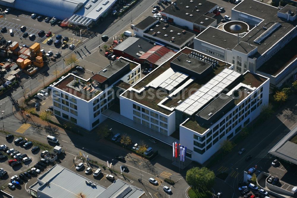 Reinach from above - Company grounds and buildings of Endress + Hauser Holding in Reinach in Basel-Landschaft, Switzerland