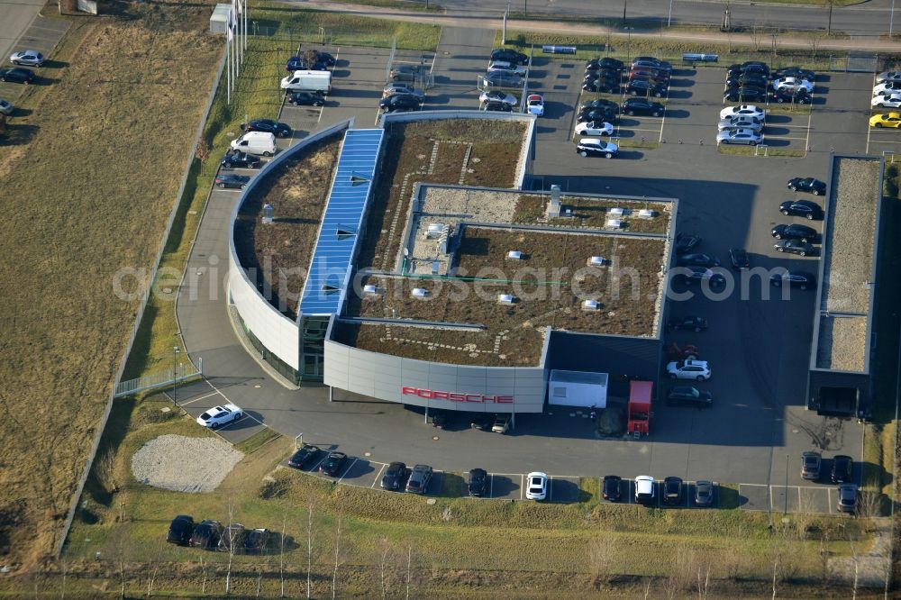 Kleinmachnow from above - Building of the company headquarters of Porsche at the commercial Area Europarc Dreilinden in Kleinmachnow OT Dreilinden in Brandenburg