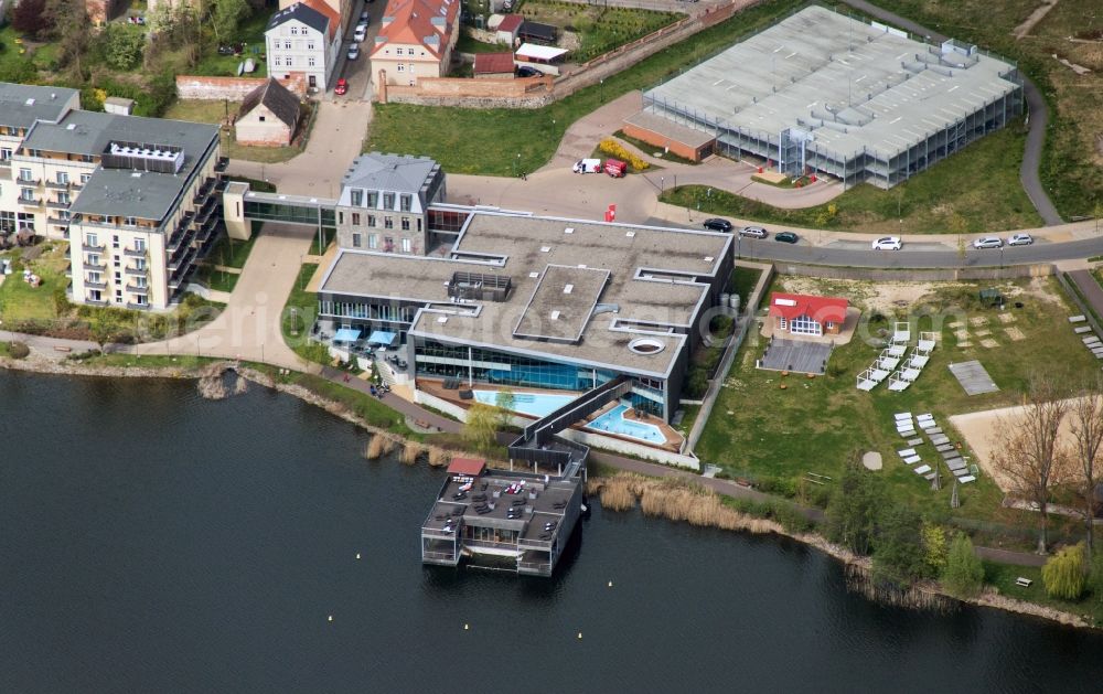 Neuruppin from above - Building the Fontane Therme on the shores of Lake Ruppin in Neuruppin in Brandenburg