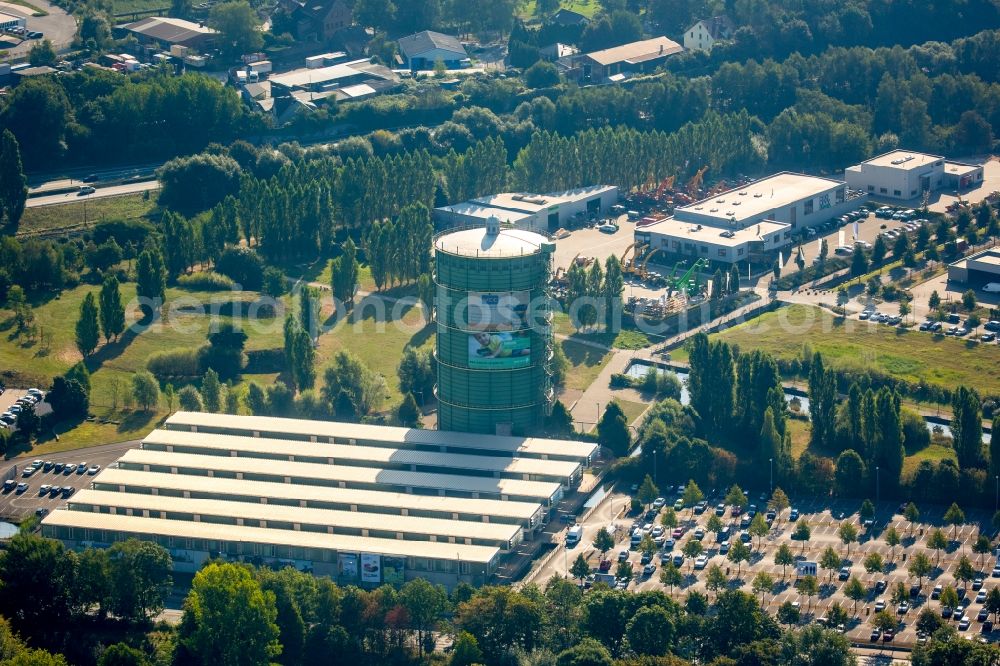 Herne from the bird's eye view: Building of the wholesale center Decathlon Herne with the gasholder Gasometer Herne in Herne in the state North Rhine-Westphalia