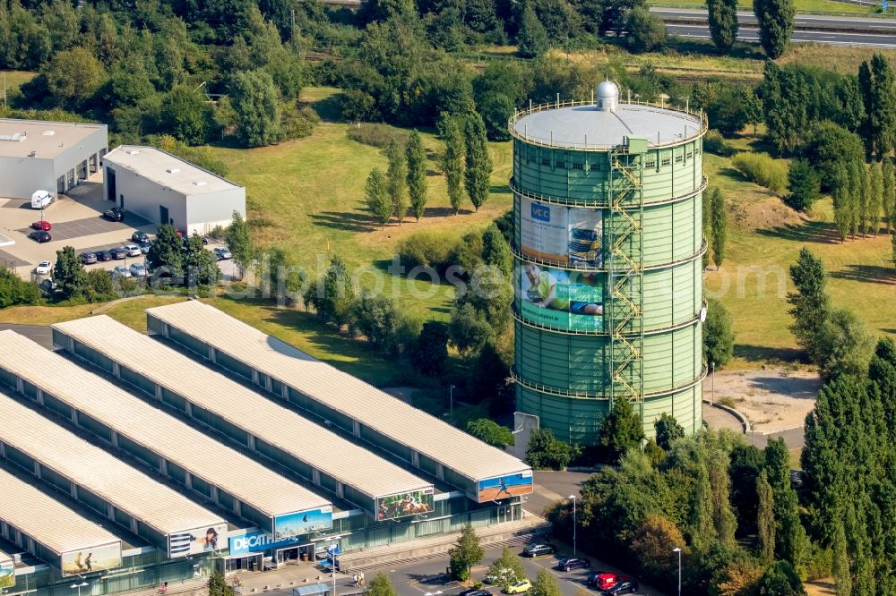 Herne from the bird's eye view: Building of the wholesale center Decathlon Herne with the gasholder Gasometer Herne in Herne in the state North Rhine-Westphalia