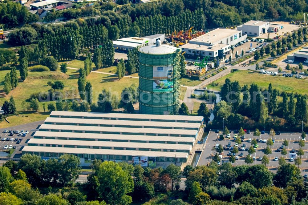 Aerial image Herne - Building of the wholesale center Decathlon Herne with the gasholder Gasometer Herne in Herne in the state North Rhine-Westphalia