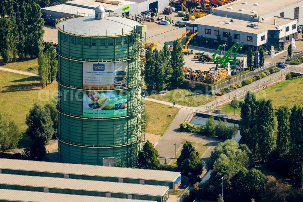 Aerial photograph Herne - Building of the wholesale center Decathlon Herne with the gasholder Gasometer Herne in Herne in the state North Rhine-Westphalia