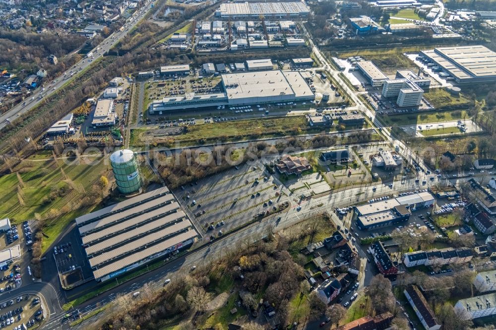 Herne from above - Aerial view of the Decathlon Herne wholesale centre building with the Gasometer Herne gas tank in the Hannibal industrial estate in Herne in the German state of North Rhine-Westphalia