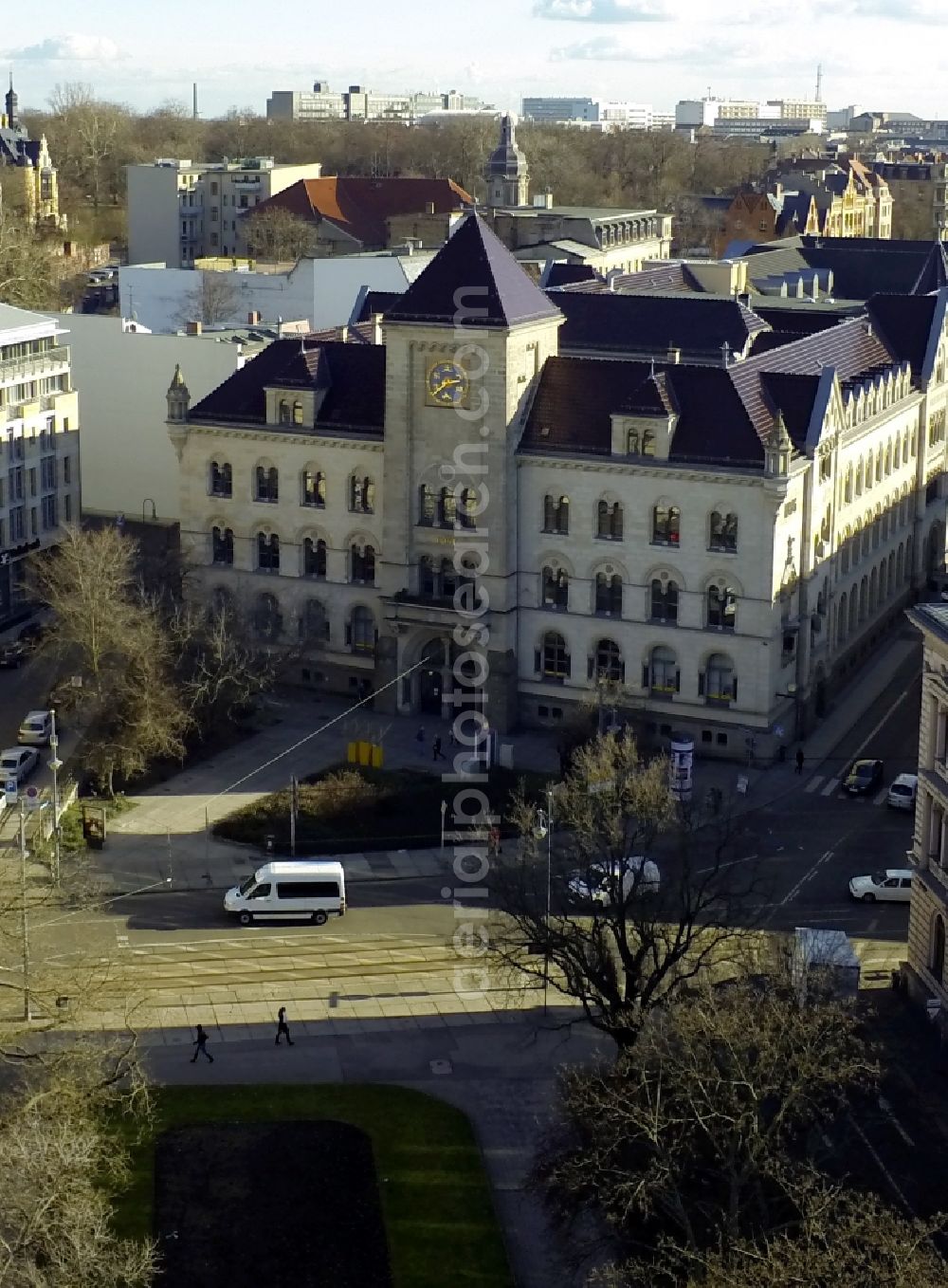 Halle from above - The main post office in Halle-Saale, Saxony-Anhalt, is located at the Joliot-Curie Square. The old main post office was built in the period of the Neo-Romanesque style by a preliminary draft of the post Baurat Neumann