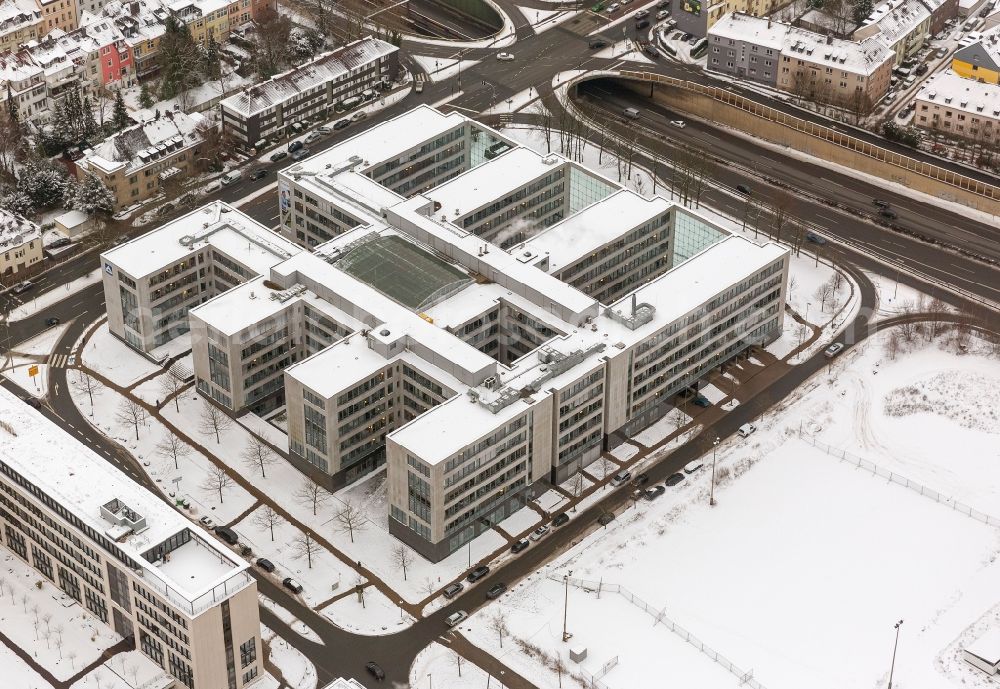 Aerial image Essen - View onto the building of the Hochtief GmbH in Essen in the state North Rhine-Westphalia. Hochtief is a German construction company and operates globally