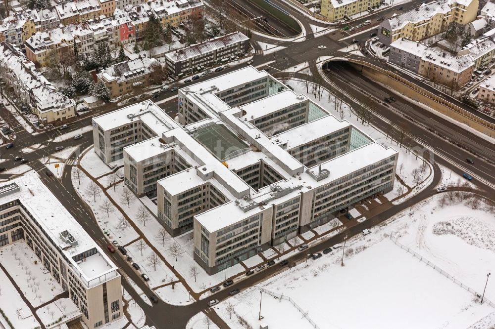 Aerial photograph Essen - View onto the building of the Hochtief GmbH in Essen in the state North Rhine-Westphalia. Hochtief is a German construction company and operates globally