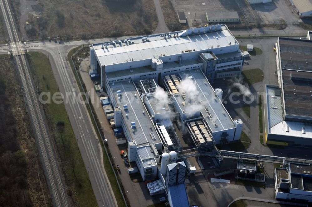 Aerial image Bitterfeld - In the buildings of Heraeus quartz GmbH & Co. KG in Bitterfeld-Wolfen in the state of Saxony-Anhalt high purity synthetic quartz glass cylinders are made??. These are the basis for the production of high-performance fibers