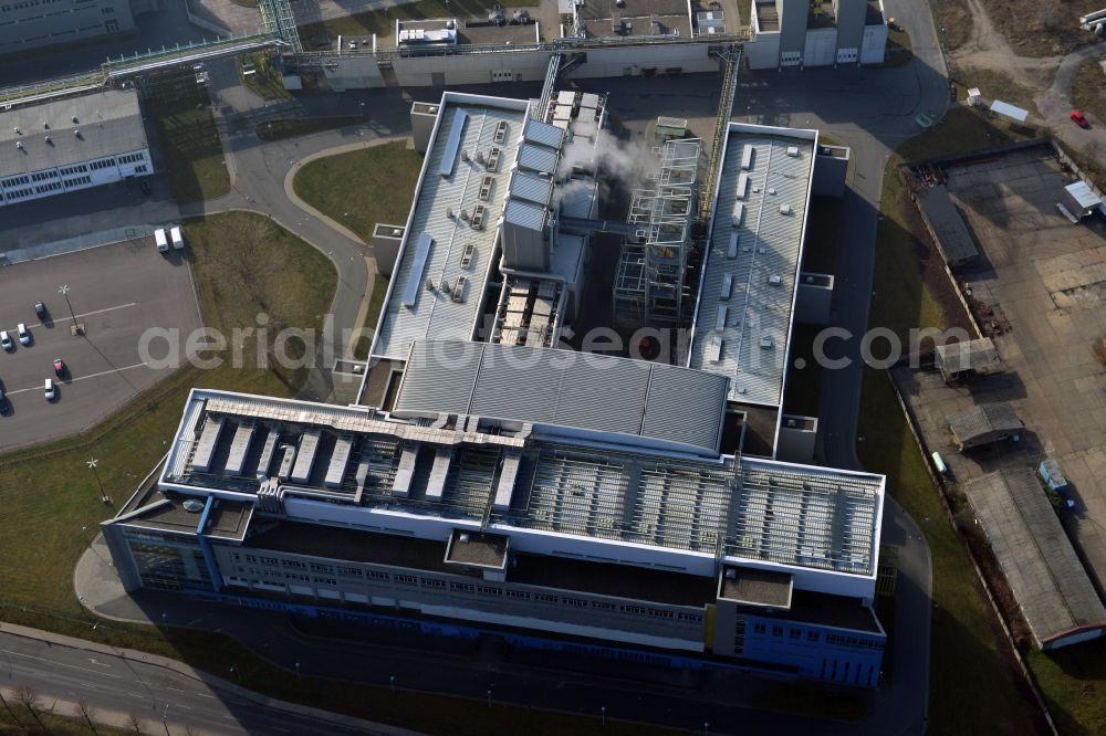 Bitterfeld from above - In the buildings of Heraeus quartz GmbH & Co. KG in Bitterfeld-Wolfen in the state of Saxony-Anhalt high purity synthetic quartz glass cylinders are made??. These are the basis for the production of high-performance fibers