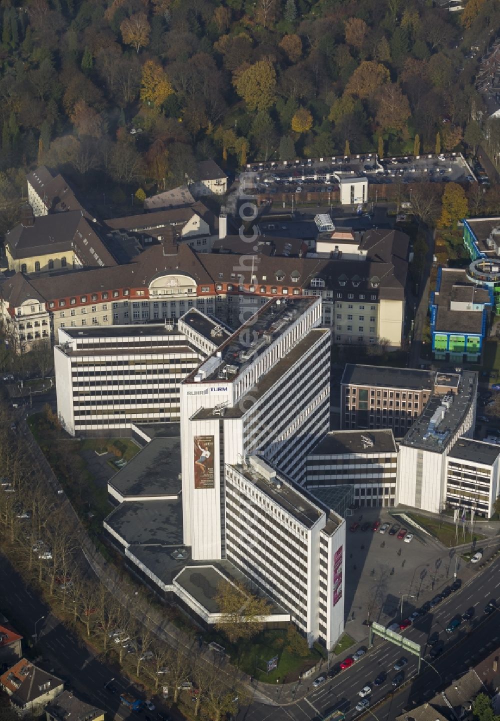 Essen from above - Building the high-rise tower Ruhrgas, the former EON headquarters in the city of Essen in the Ruhr area in North Rhine-Westphalia