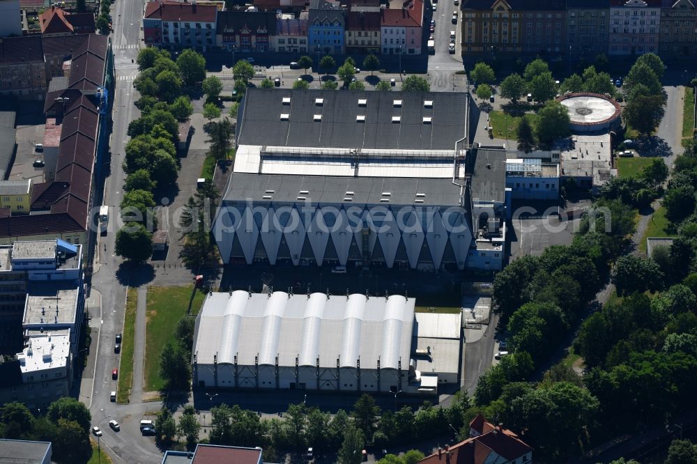 Pilsen from above - Event and music-concert grounds of the Home Monitoring Arena in Pilsen in Plzensky kraj - Pilsner Region - Boehmen, Czech Republic