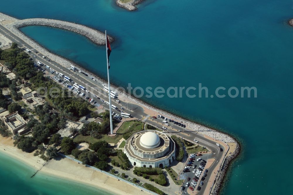 Aerial image Abu Dhabi - Buildings and houses of the Heritage Village museum on the Breakwater Island in the Persian Gulf in Abu Dhabi in United Arab Emirates. The man-made breakwater island is Wolfgang Gerbere owned