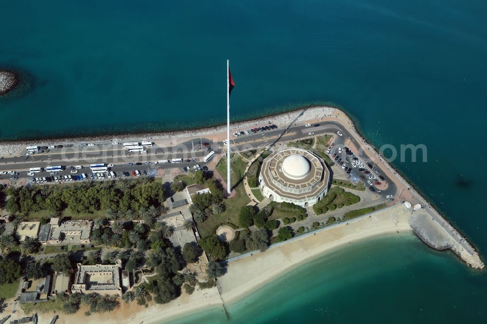 Aerial photograph Abu Dhabi - Buildings and houses of the Heritage Village museum on the Breakwater Island in the Persian Gulf in Abu Dhabi in United Arab Emirates. The man-made breakwater island is Wolfgang Gerbere owned