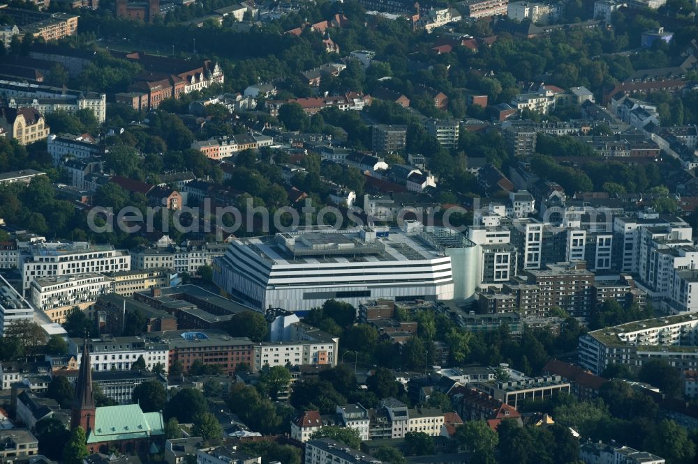 Aerial photograph Hamburg - Furniture market and store of IKEA in the Altona part of Hamburg. The store is distinct by its shape and metal front