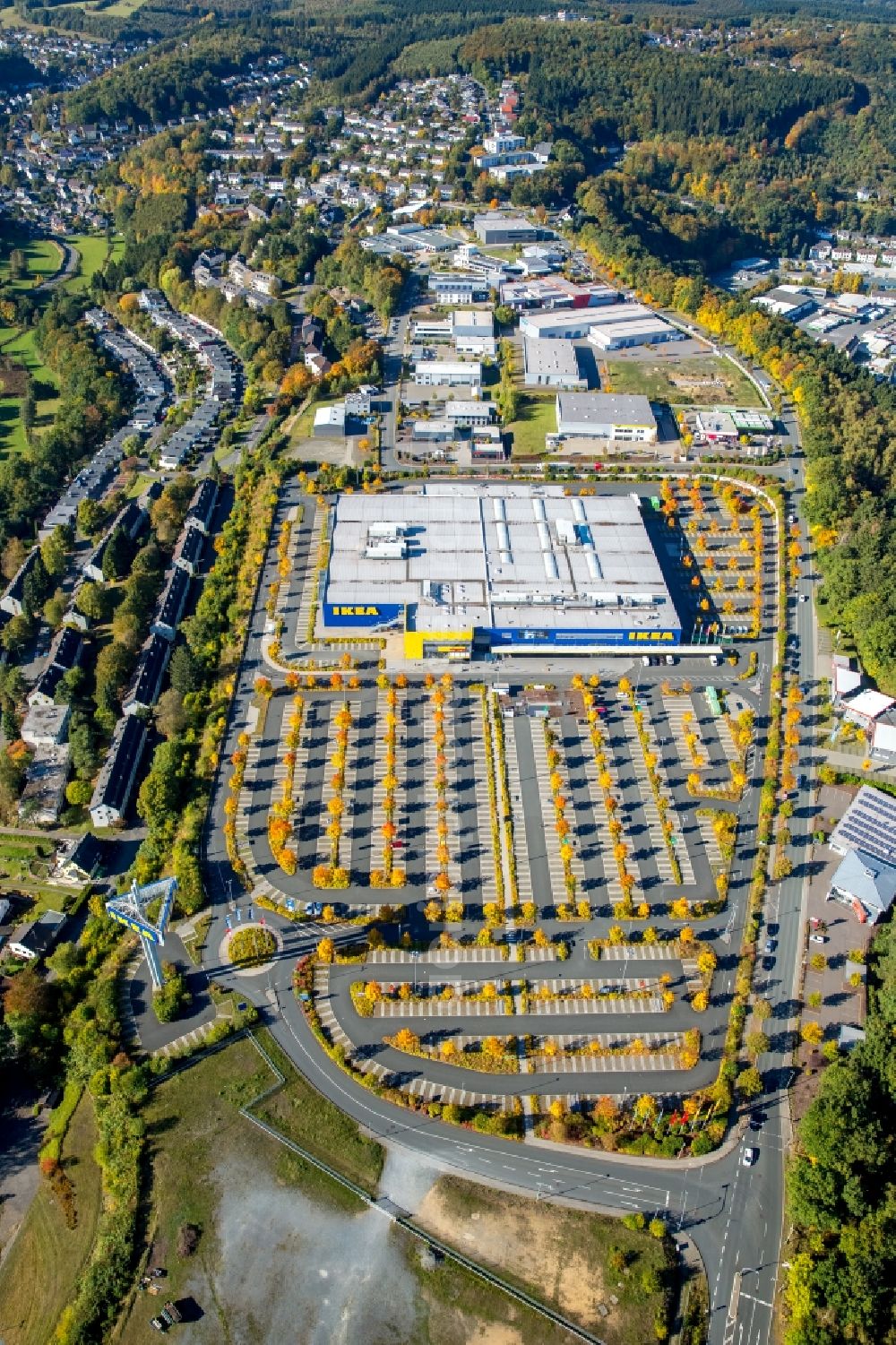 Siegen from above - Building of the store - furniture market IKEA Group in Siegen in the state North Rhine-Westphalia