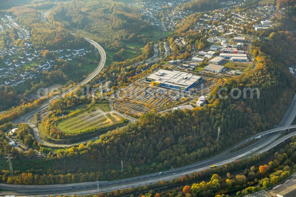 Siegen from above - Building of the store - furniture market IKEA Group in Siegen in the state North Rhine-Westphalia