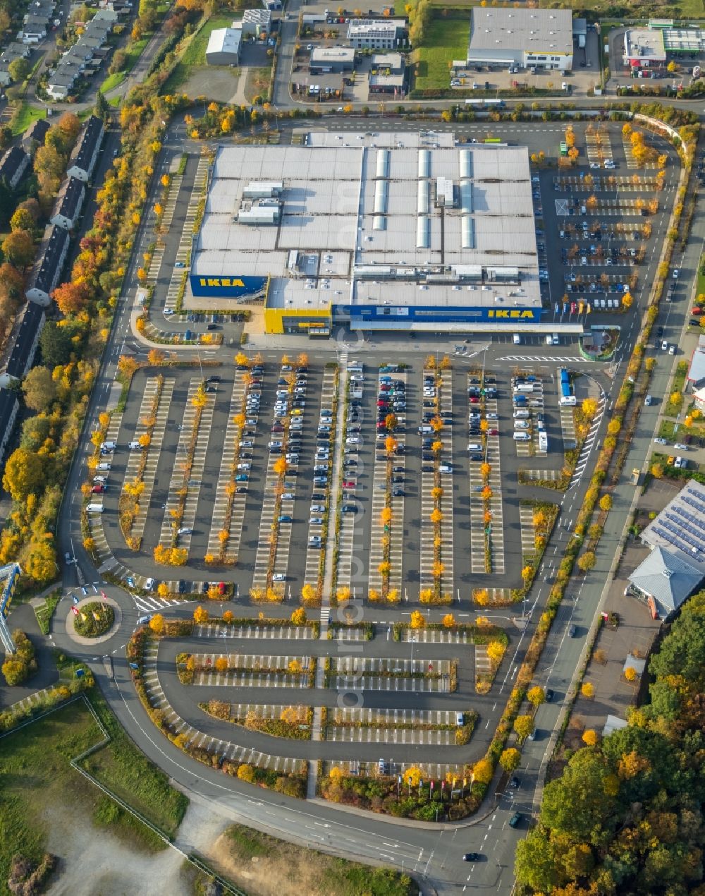 Siegen from above - Building of the store - furniture market IKEA Group in Siegen in the state North Rhine-Westphalia